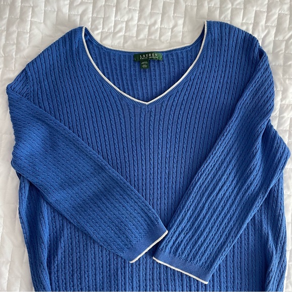 RALPH LAUREN Blue Cerulean Periwinkle 100% Cotton V-neck Sweater - Picture 3 of 6
